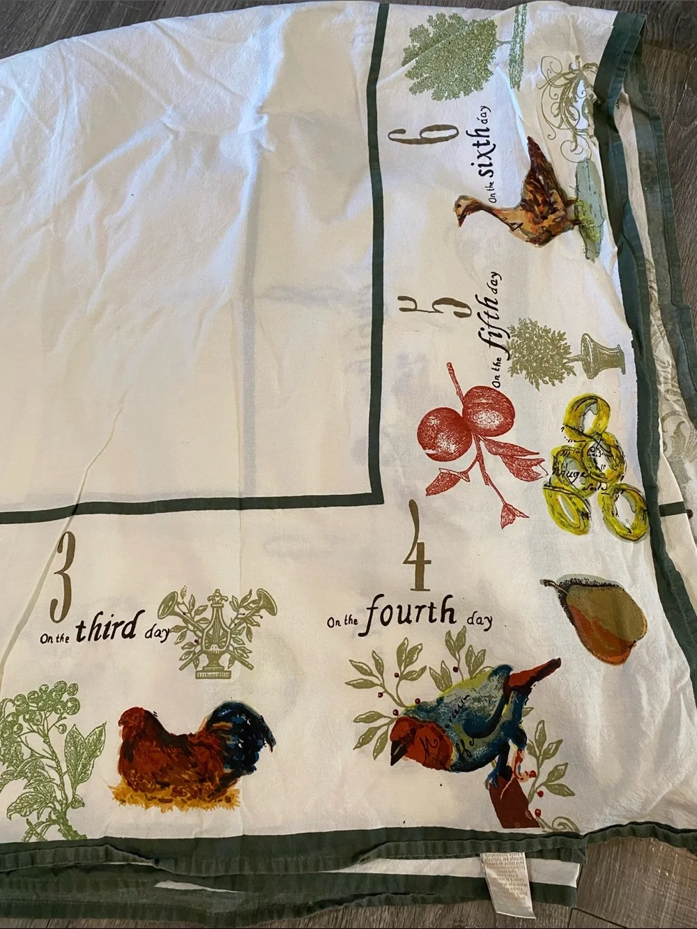 Vintage Williams Sonoma 12 Days of Christmas Green Border Tablecloth 72x100